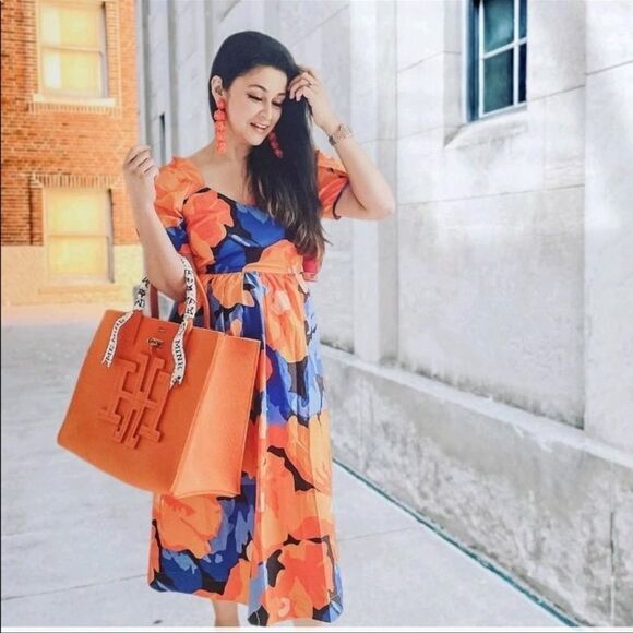 Tabitha Brown Women's Floral Print Puff Sleeve Tie-Back Midi Dress Orange/Blue - Picture 1 of 6